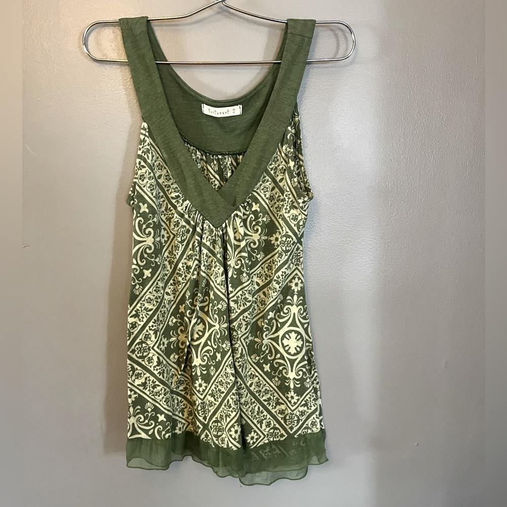 TESTAMENT shirt - green print/ floral sleeveless with ruffle hem